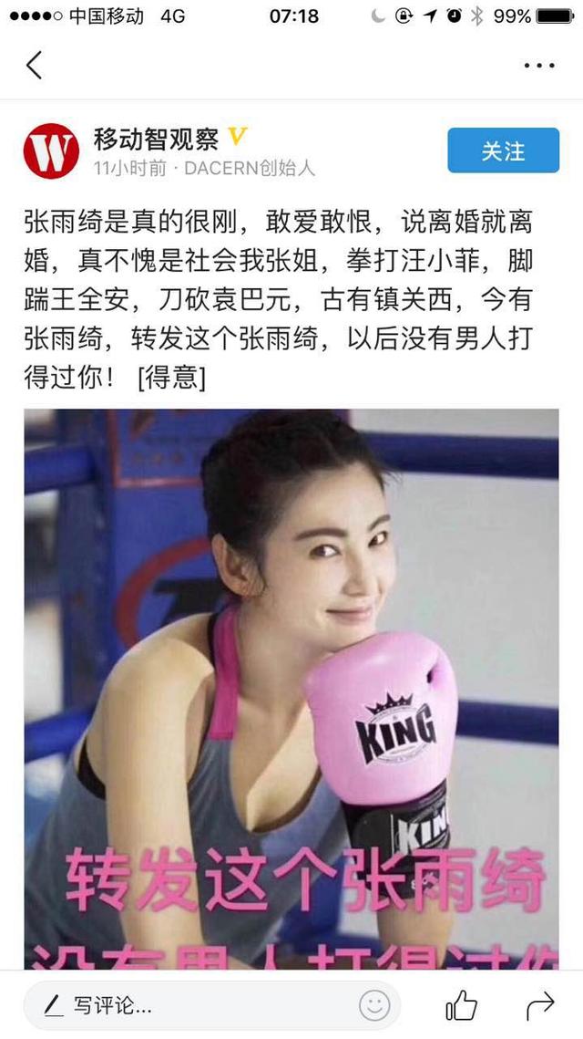 张雨绮家暴老公再次离婚引大v们热议:家庭不是江湖,不适合比武