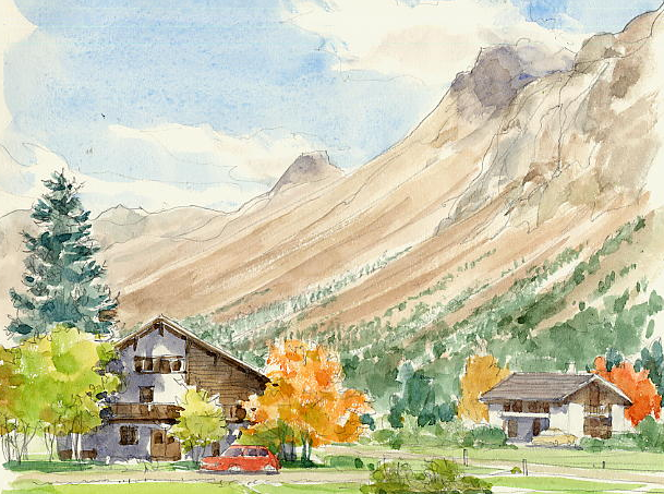 水彩插画:山涧小屋美的让人想长居此地