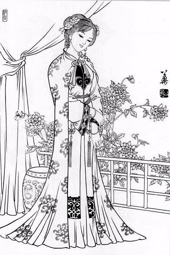 刘公华白描仕女图,表情生动,富有生活气息