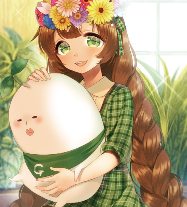 卡通手绘画:梦幻的小公主,头戴花圈,手抱来自二次元的"团子"