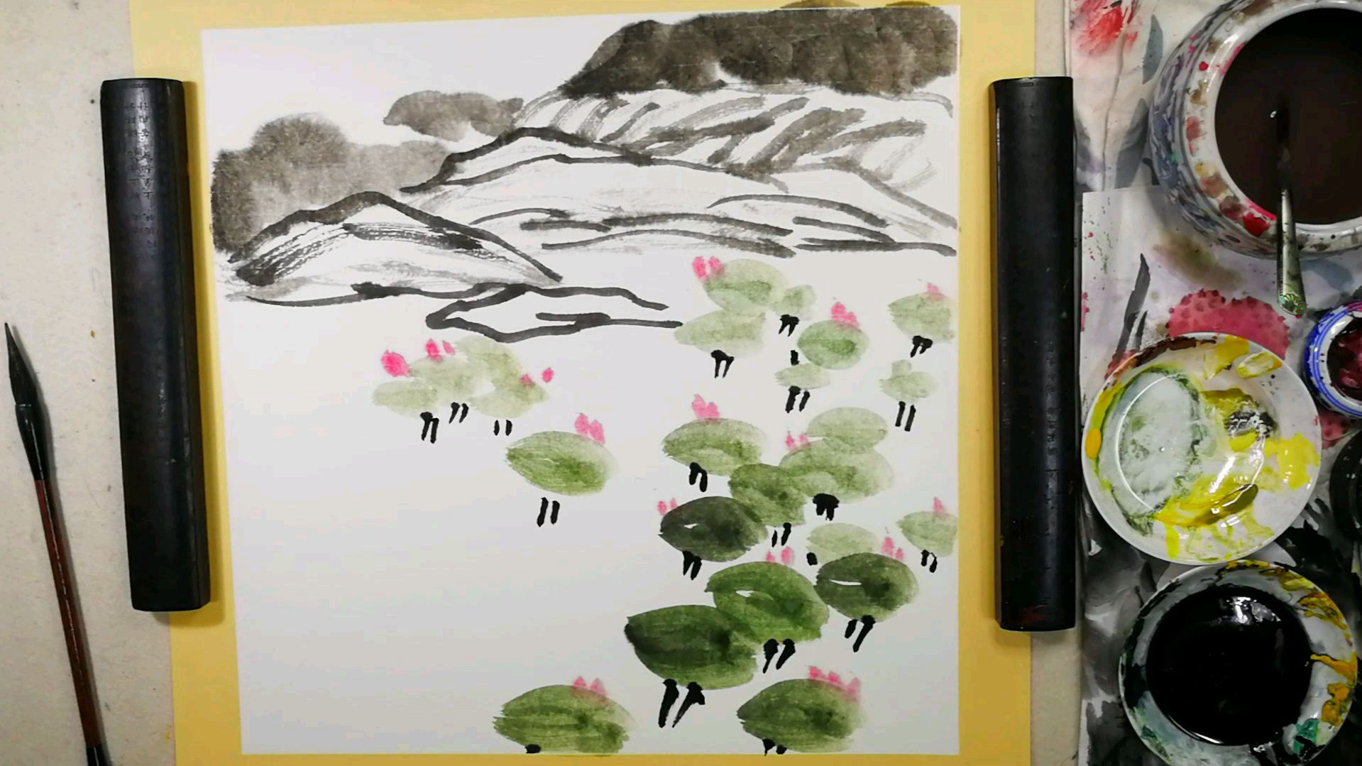 国画提高教程山水篇。小品创作画:齐白石山水四条屏之二夏1920年