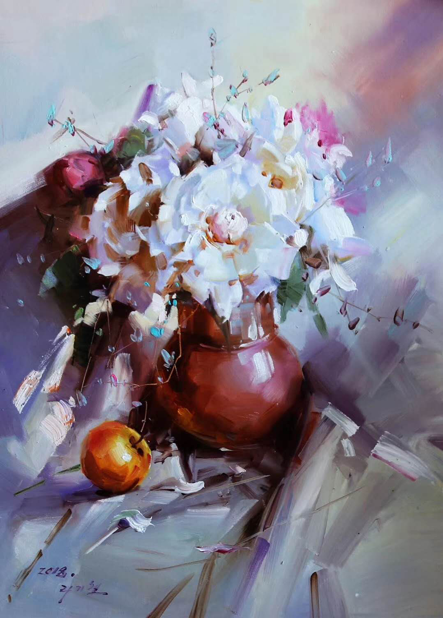 油画花卉静物之二,花和苹果.72*52