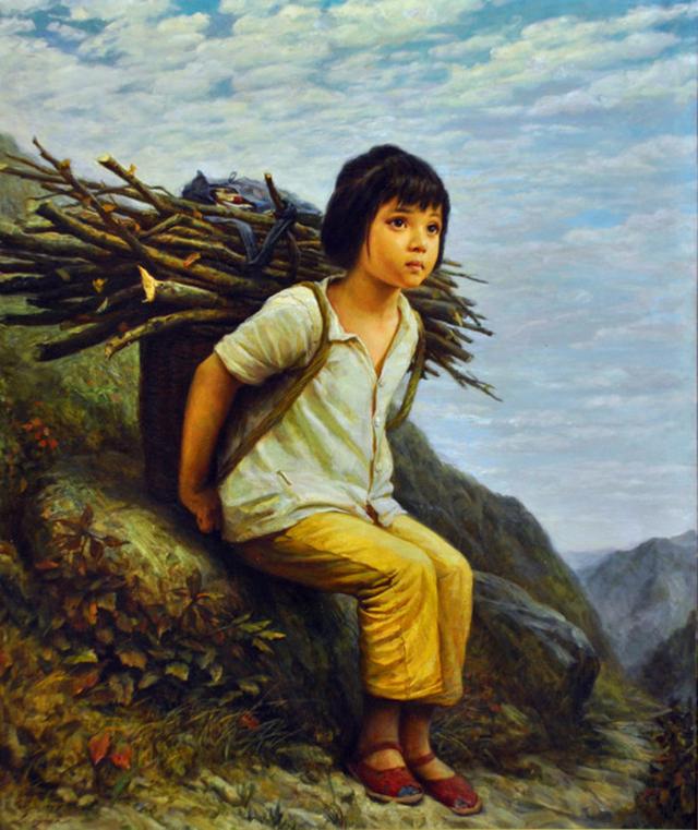 李自健乡村童年系列油画,有个姐姐真的很幸福