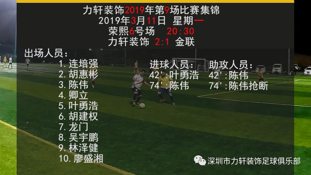 「2019年第9场战报」陈伟一传一射,叶勇浩一球首开纪录助力轩装饰小胜