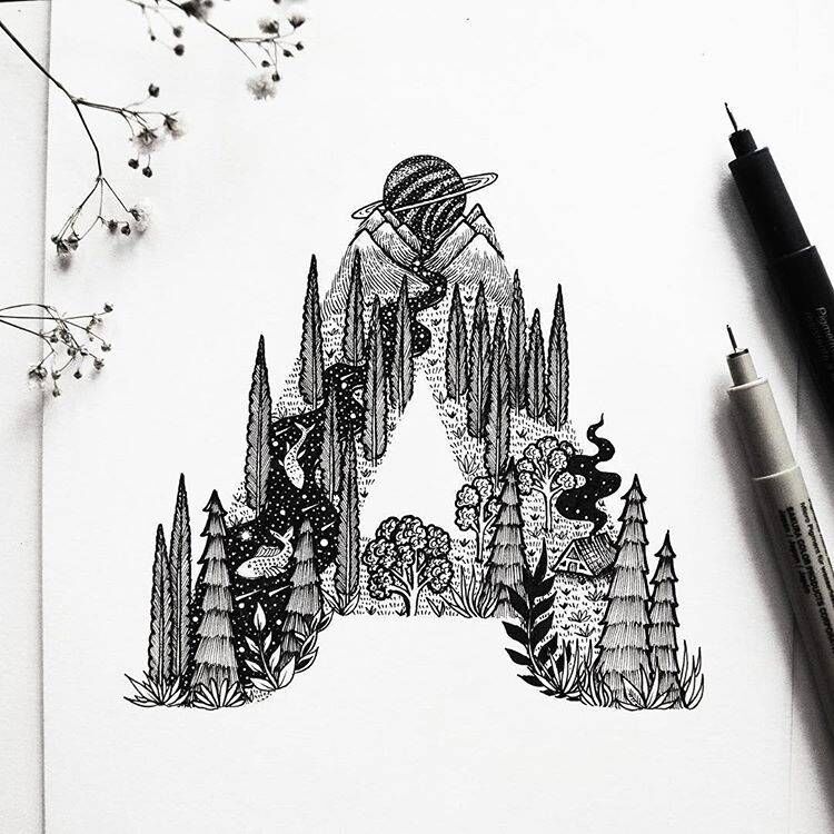 针管笔手绘字母创意插画,线条精美繁复细腻