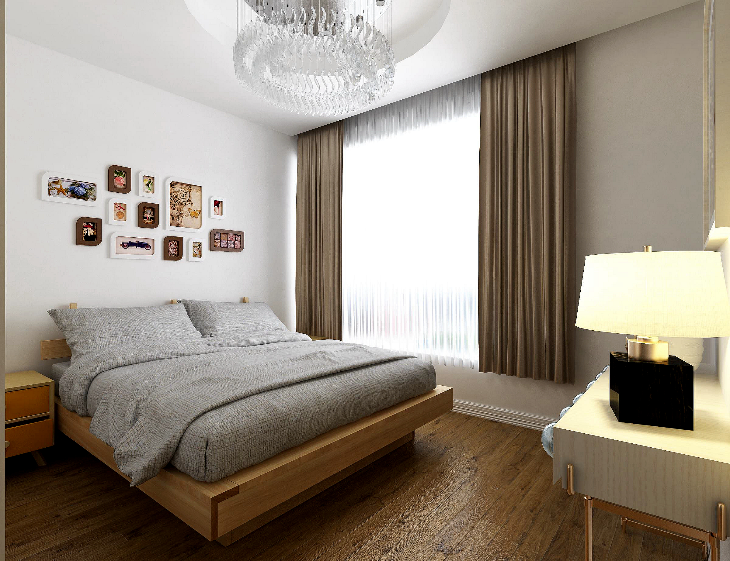 卧室墙面刷大白,搭配双人床,再配上一个水晶灯,让客厅瞬间增添了