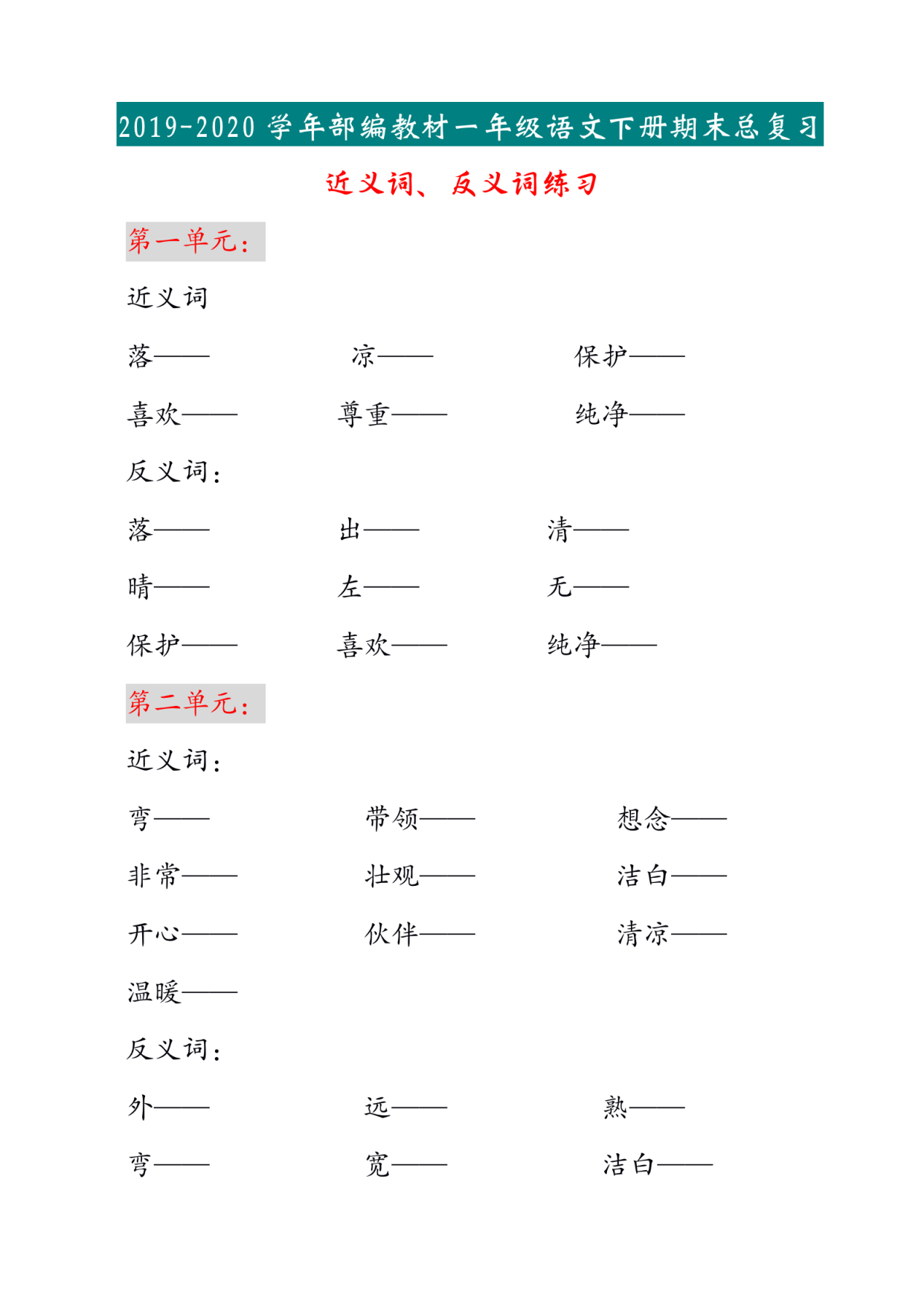 原創資料,部編一下語文近義詞反義詞大全,都是考試的原題