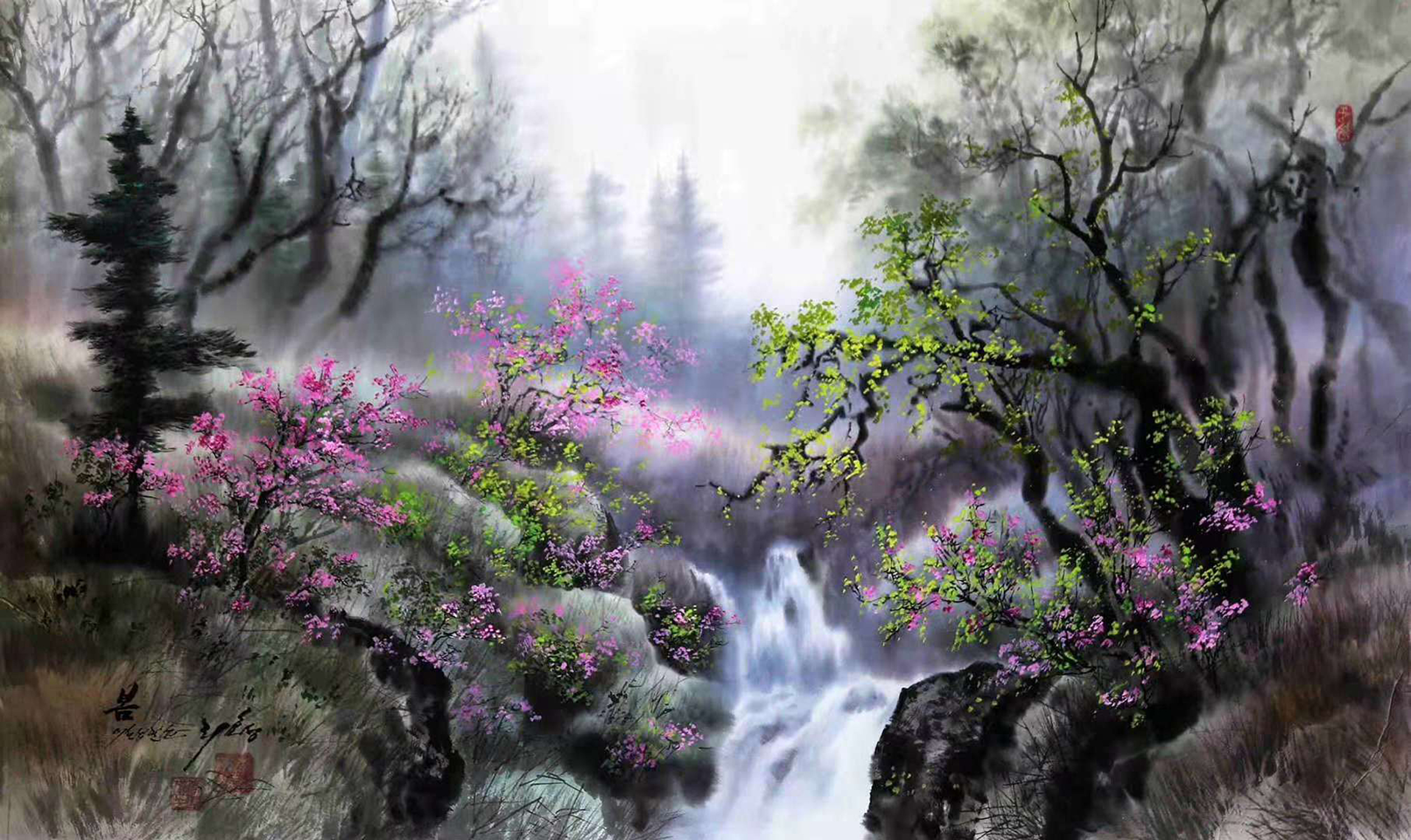 水墨山水画:有瀑布的彩墨山水风景画,请欣赏