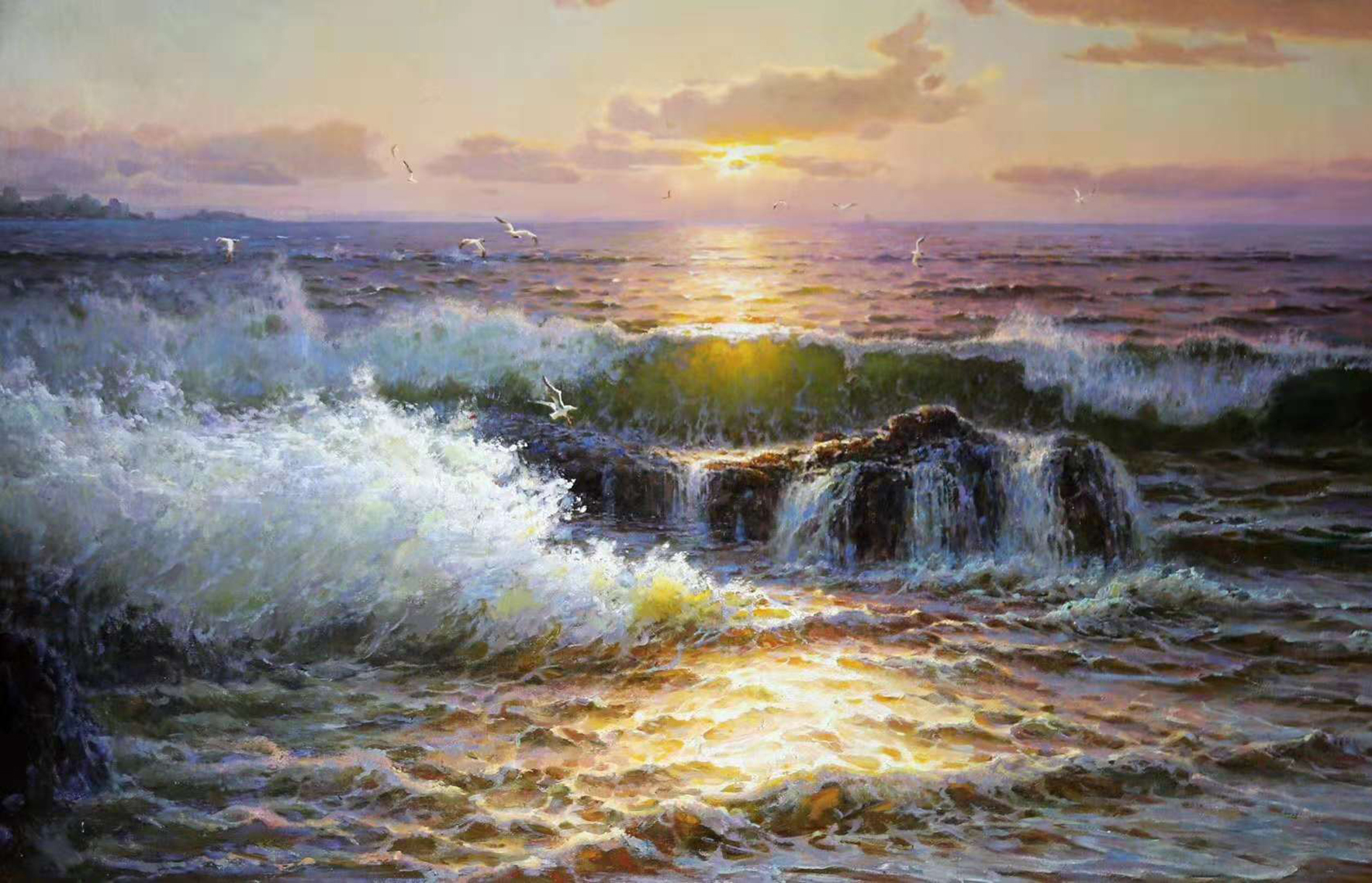 油画《海浪》,面对大海,让人激动的依然是海浪