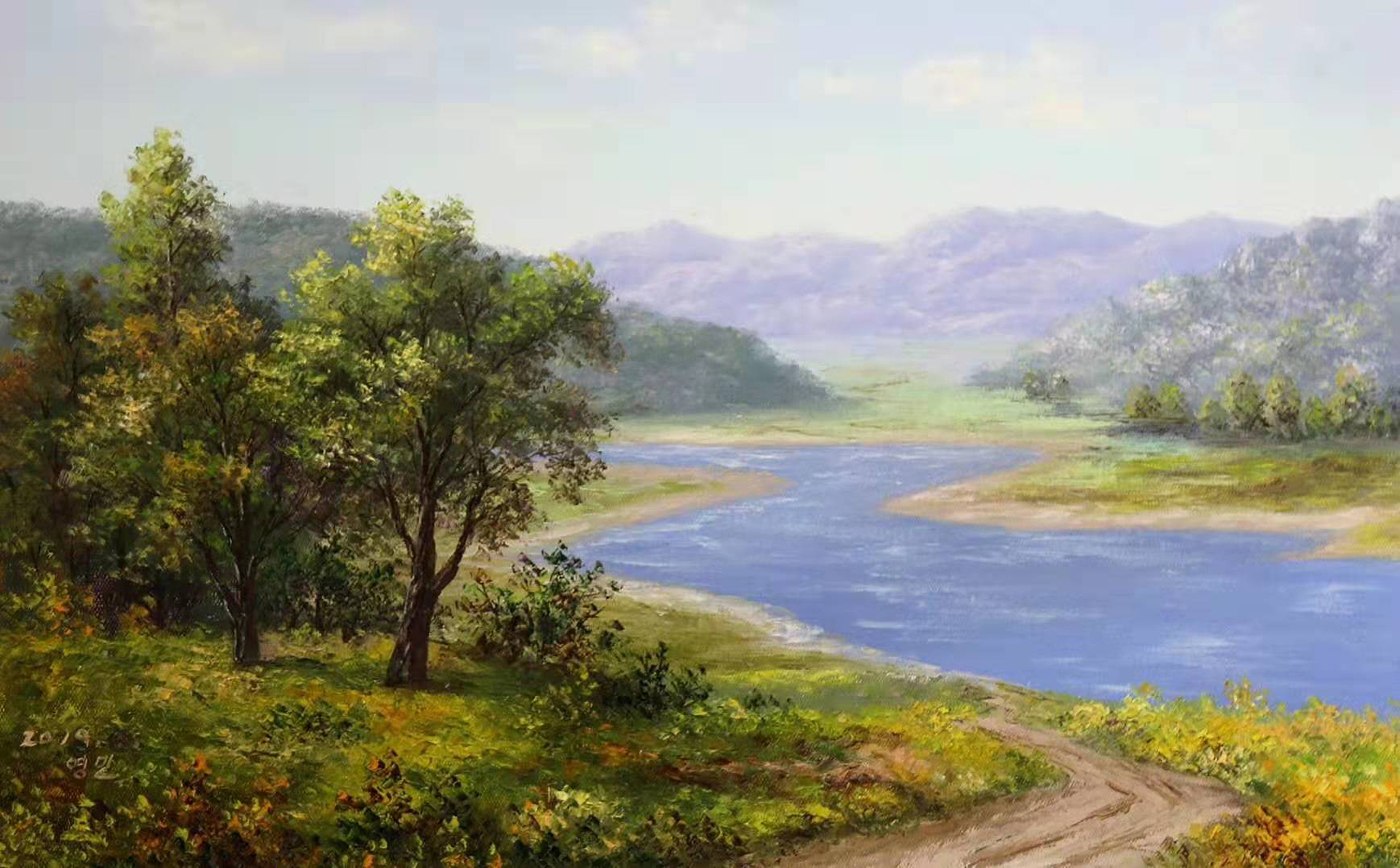 油画风景:青山依旧绿水长流