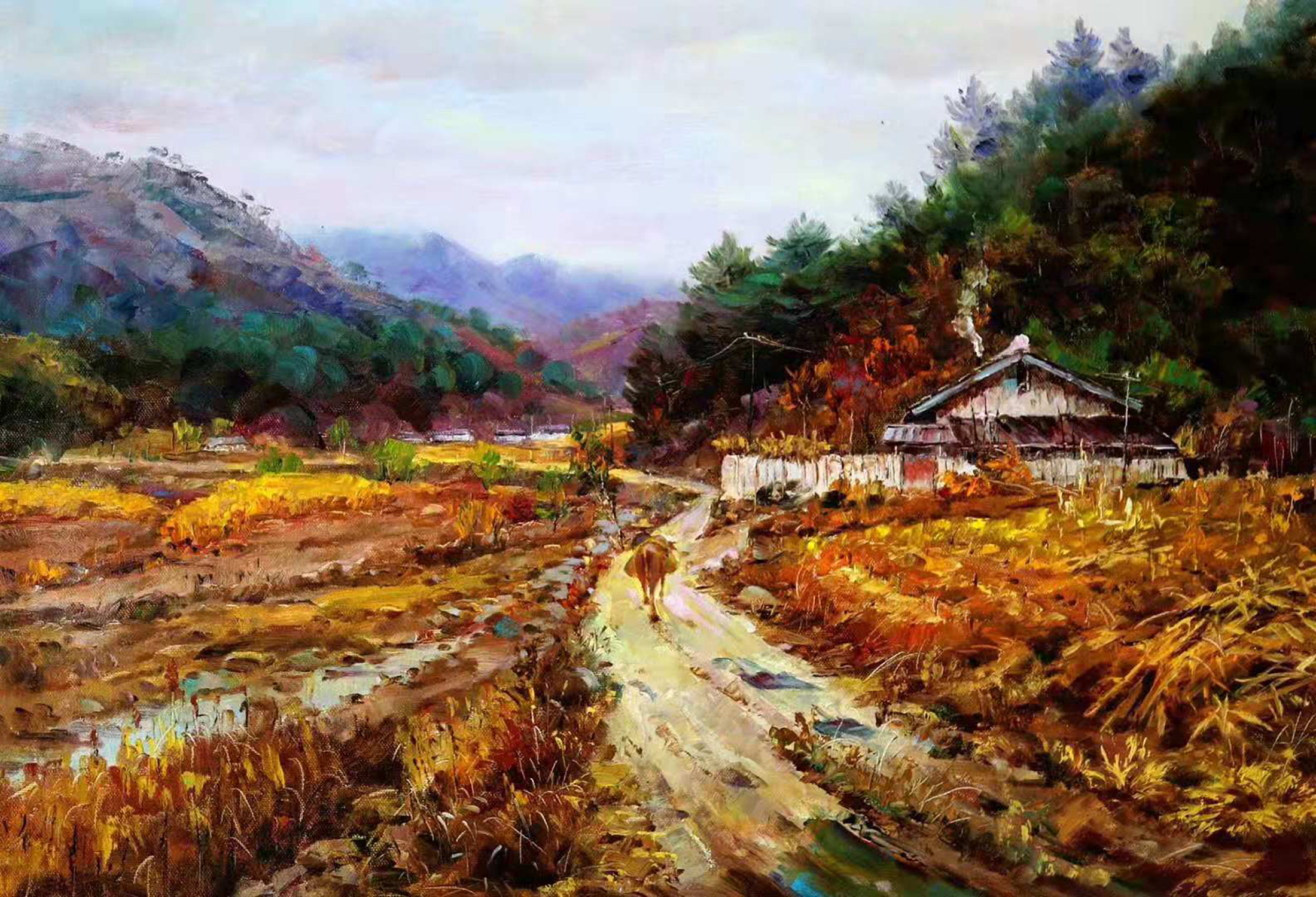 用油彩表现那条记忆中的泥路,油画风景欣赏