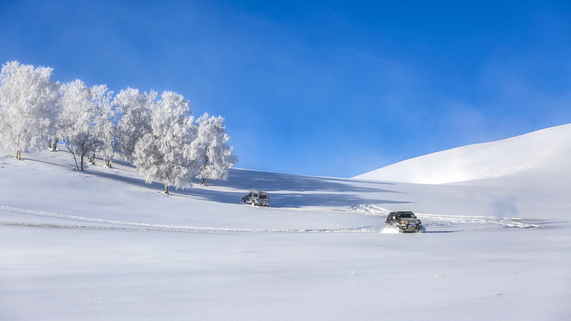 行驶在东北美丽的雪原,走牧民道穿越深山