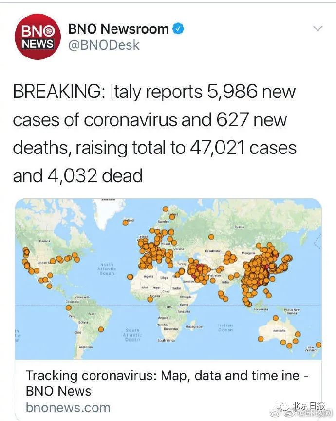 一直追踪全球新冠肺炎确诊数据的荷兰媒体bno新闻网最新消息,意大利