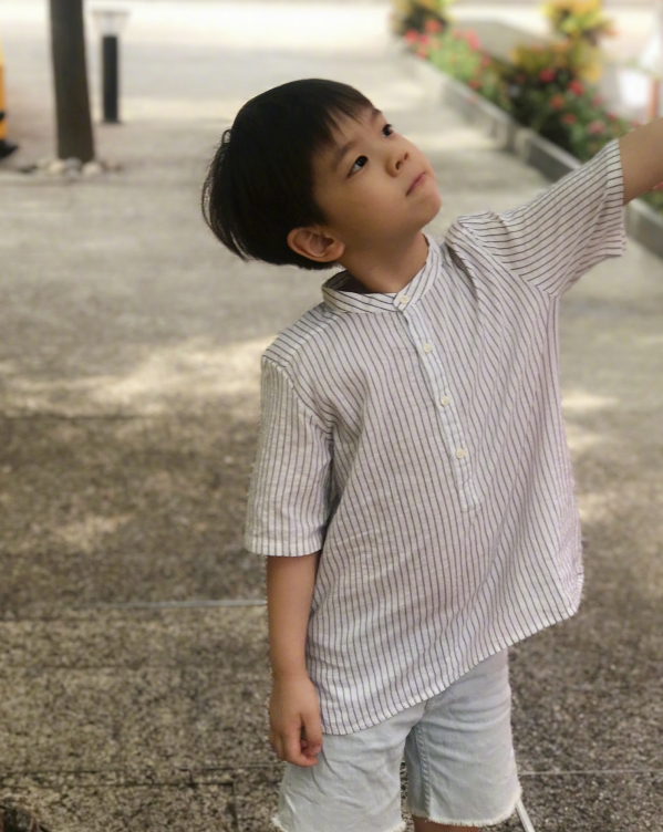 杜江晒儿子呆萌出游照,嗯哼抬头看天嘴叼勺子超可爱