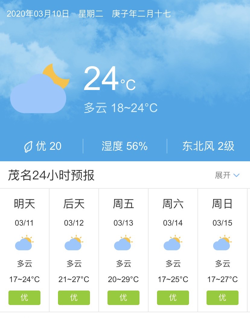 天气快讯 广东茂名3月11日起未来五天天气预报