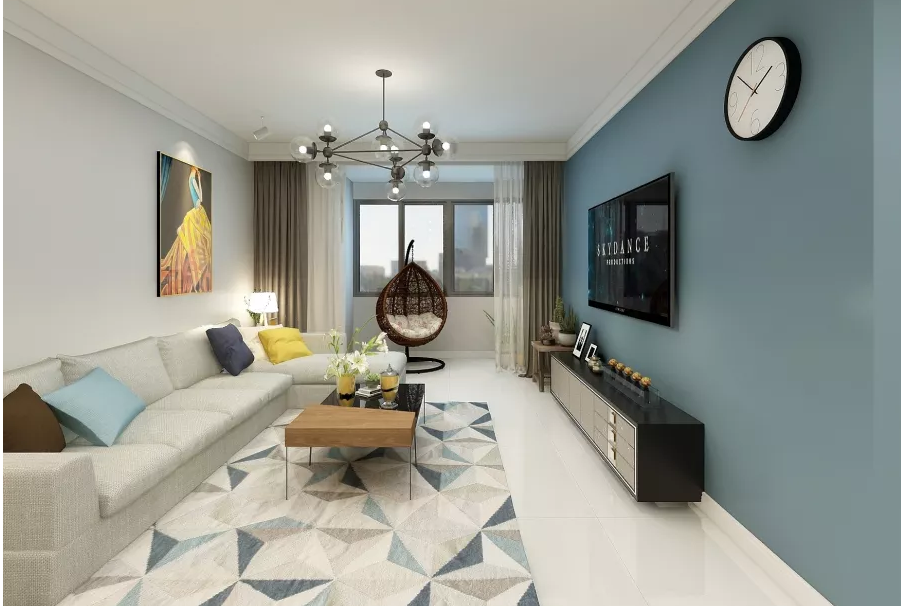 这是沙发背景墙的效果,沙发背景墙的颜色是在刮完腻子之后直接喷涂的