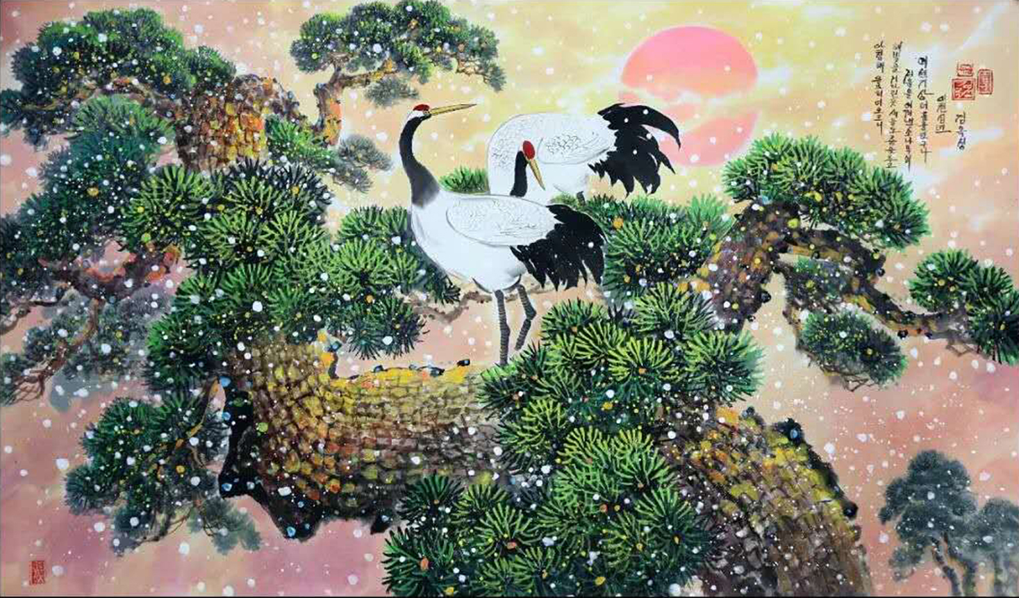 水墨画,松鹤延年