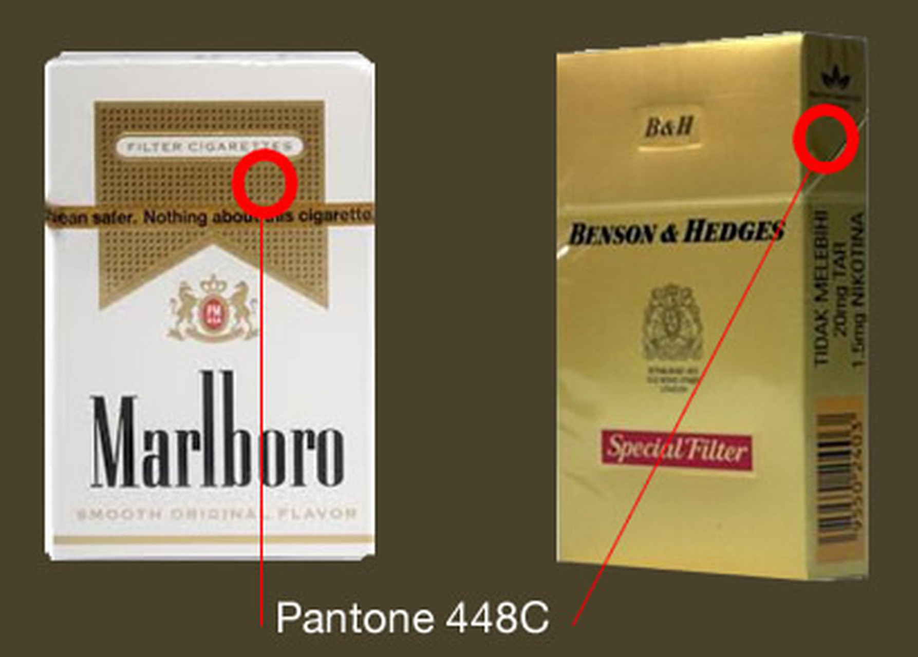 pantone 448c 颜色被认为是世界上最难看的颜色,因此,欧洲的香烟包装