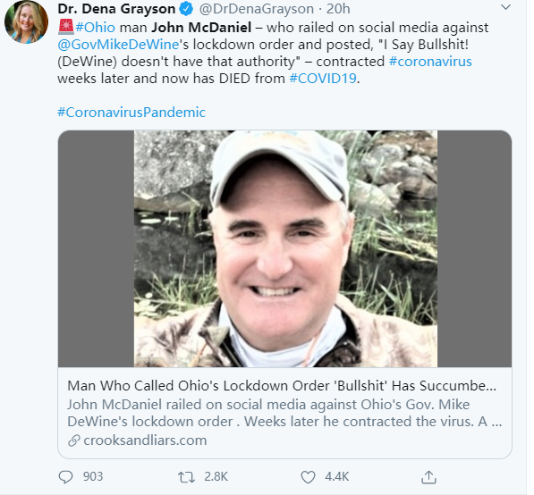 「推荐」美国一男子发帖称不怕病毒要自由，如今却因感染新冠肺炎而死亡