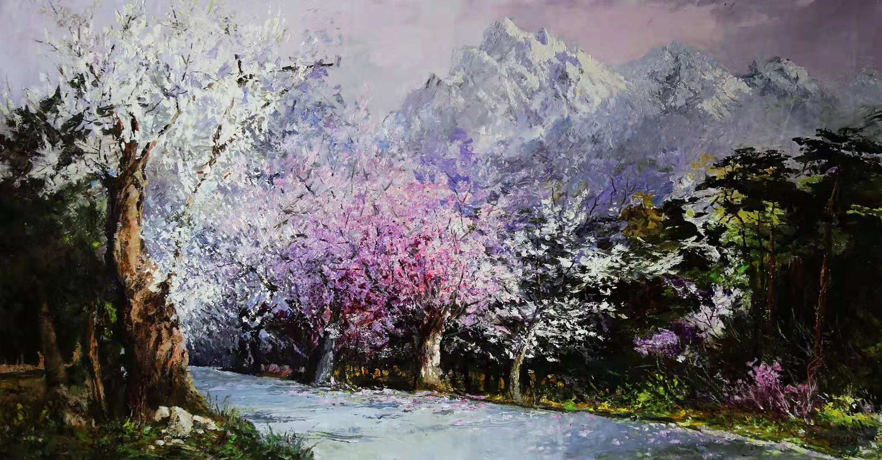 油画风景《雪山下的樱花开得正盛,李华植