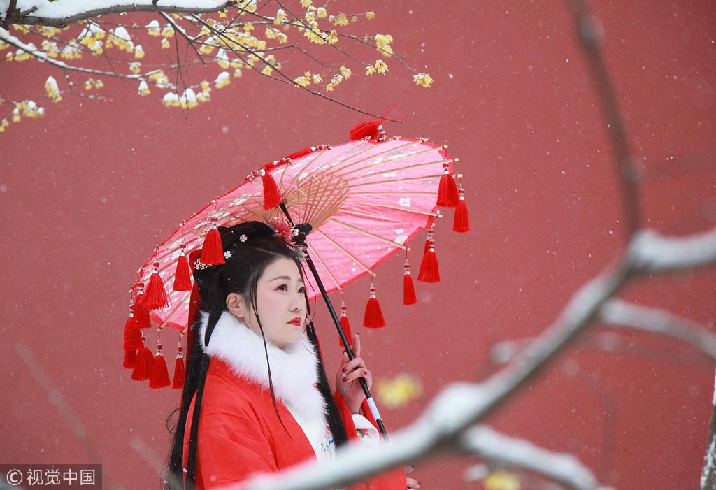 南京暴雪持续 美女着古装拍写真"美丽冻人"