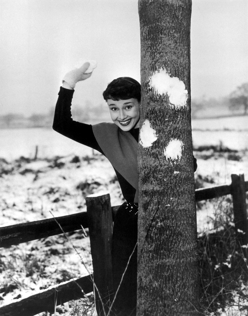 赫本搞怪照片,藏在大树后面扔雪球,太可爱了!