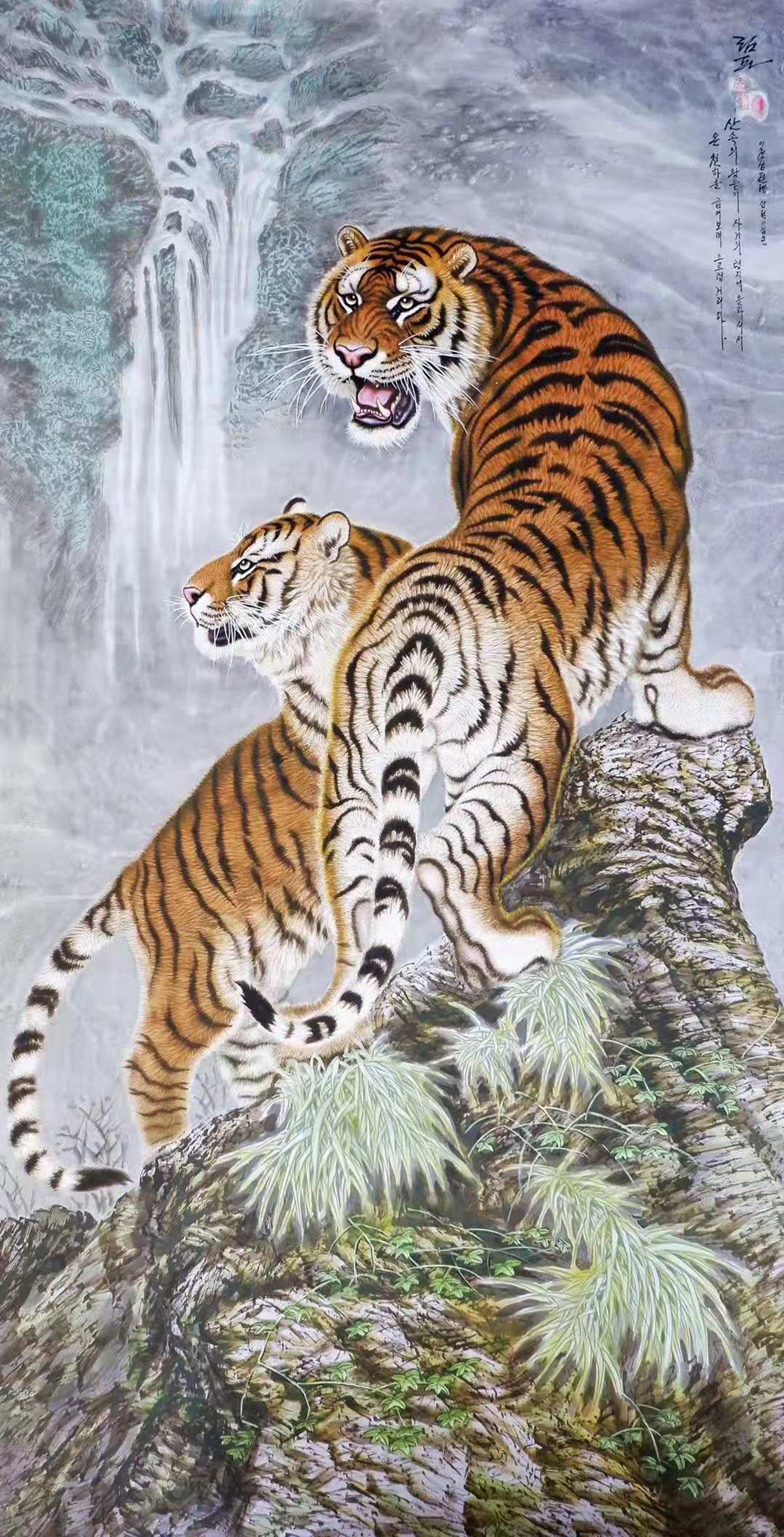 工笔重彩画虎:一组林海雪原中的老虎画,请欣赏