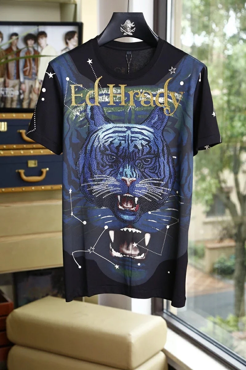 19春夏季ed hardy埃德哈迪满钻虎头翅膀休闲套装男女短袖t恤长裤