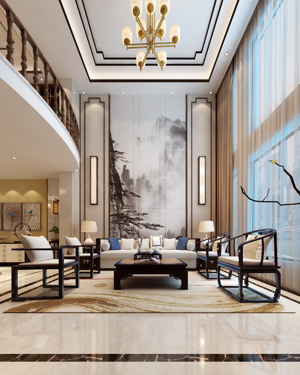 新中式风格客厅沙发背景墙装修效果图