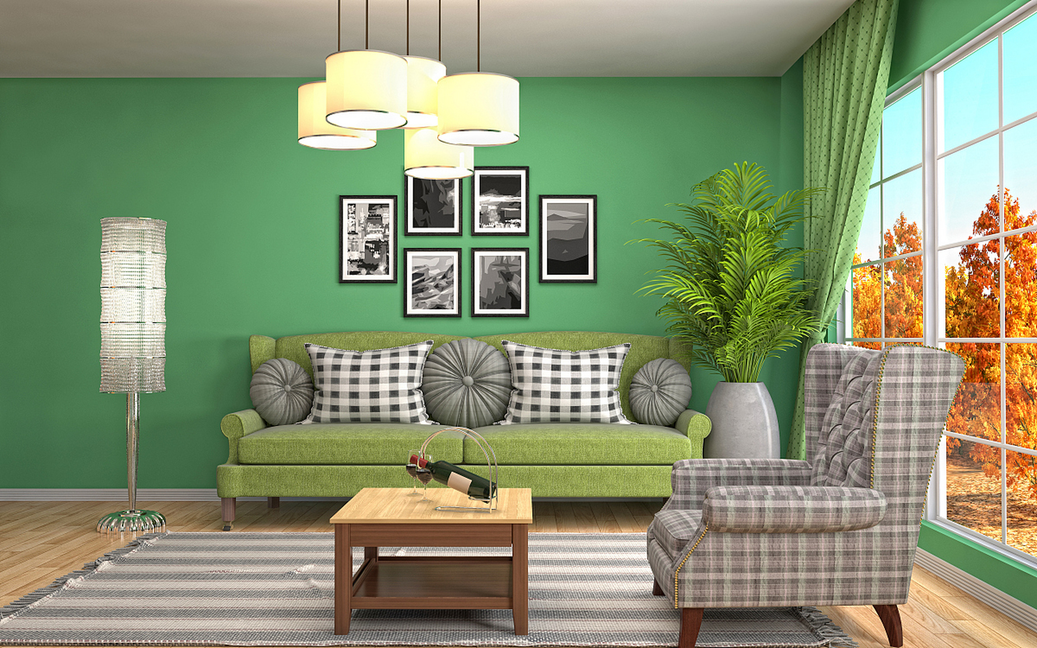 绿色沙发需谨慎搭配软装:选择与沙发相近色或中性色调,如深绿,灰色