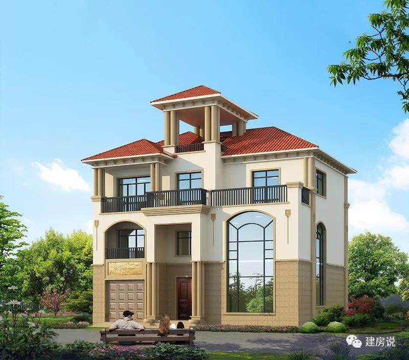 带挑空和车库的三层小洋楼,屋顶做阁楼很霸气,实景图点亮乡村