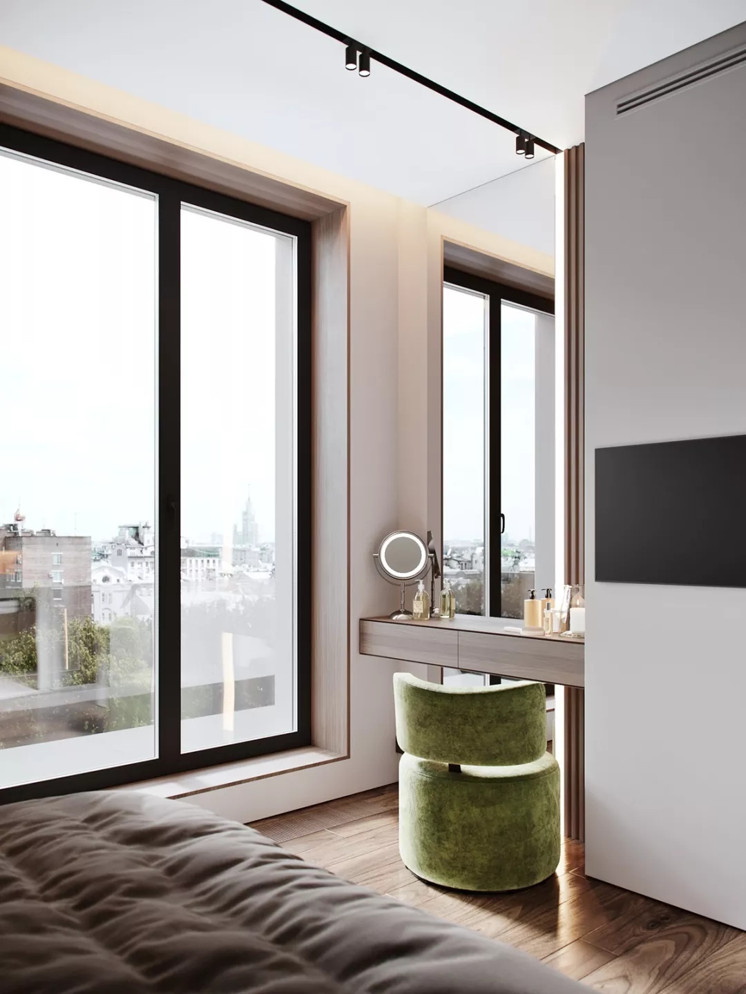 图片来源:合抱木装修网 梳妆台在窗边,镜面墙与玄关设计相同,提升了