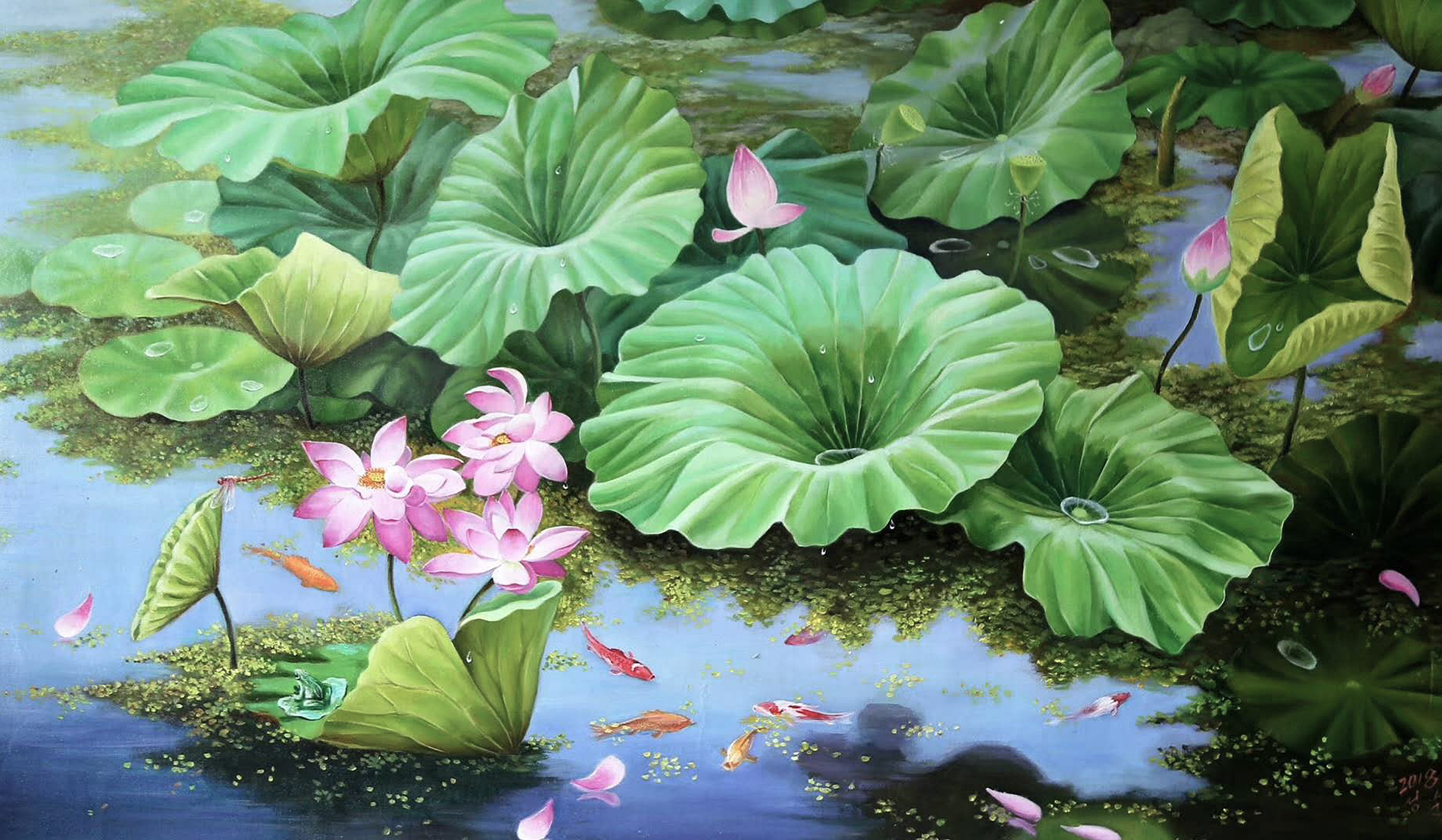 油画:夏日荷塘. 转载自百家号作者:8彩虹画室