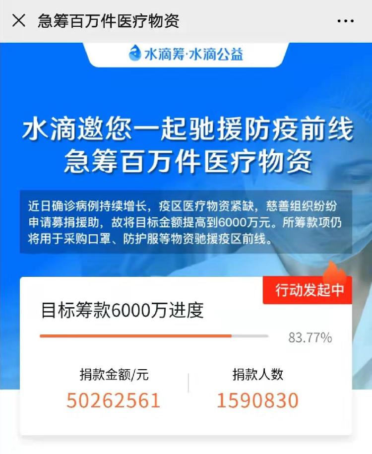 水滴筹平台筹款5000万驰援疫区