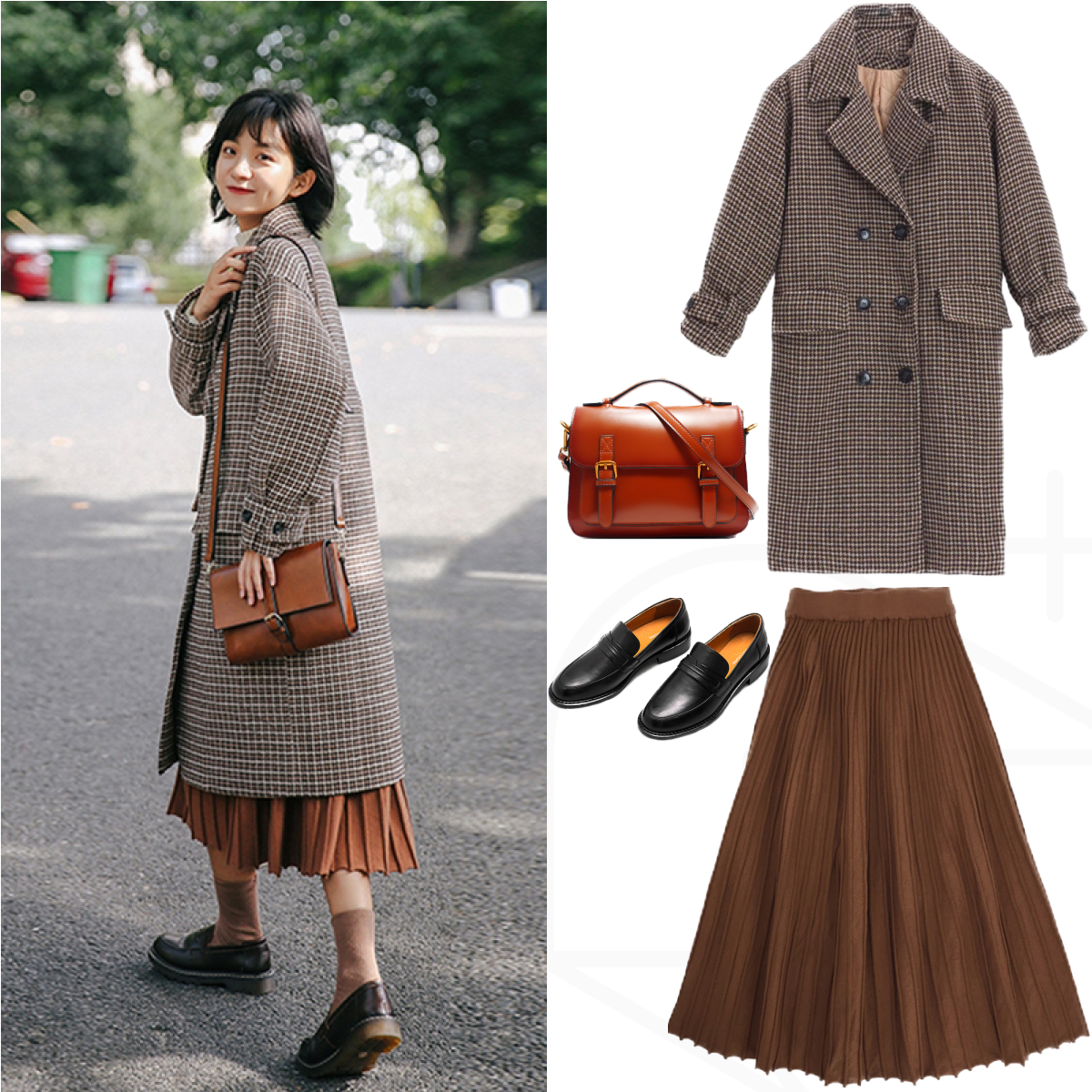 2,千鸟格子大衣 百褶裙 乐福鞋