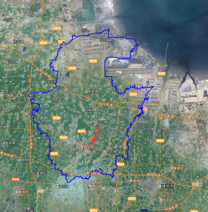 卫星地图上的山东寿光,蔬菜大棚密集排列 中国菜都 全国百强县