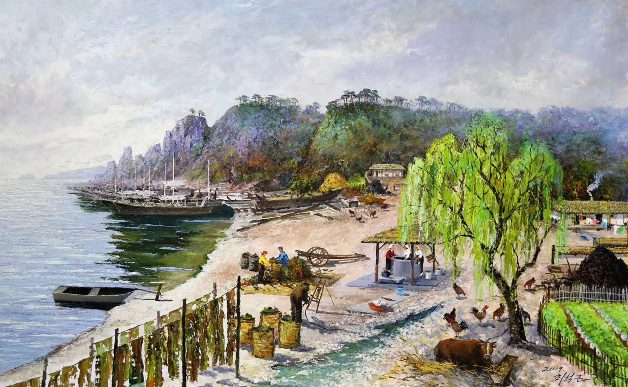 油画风景,美丽的江边