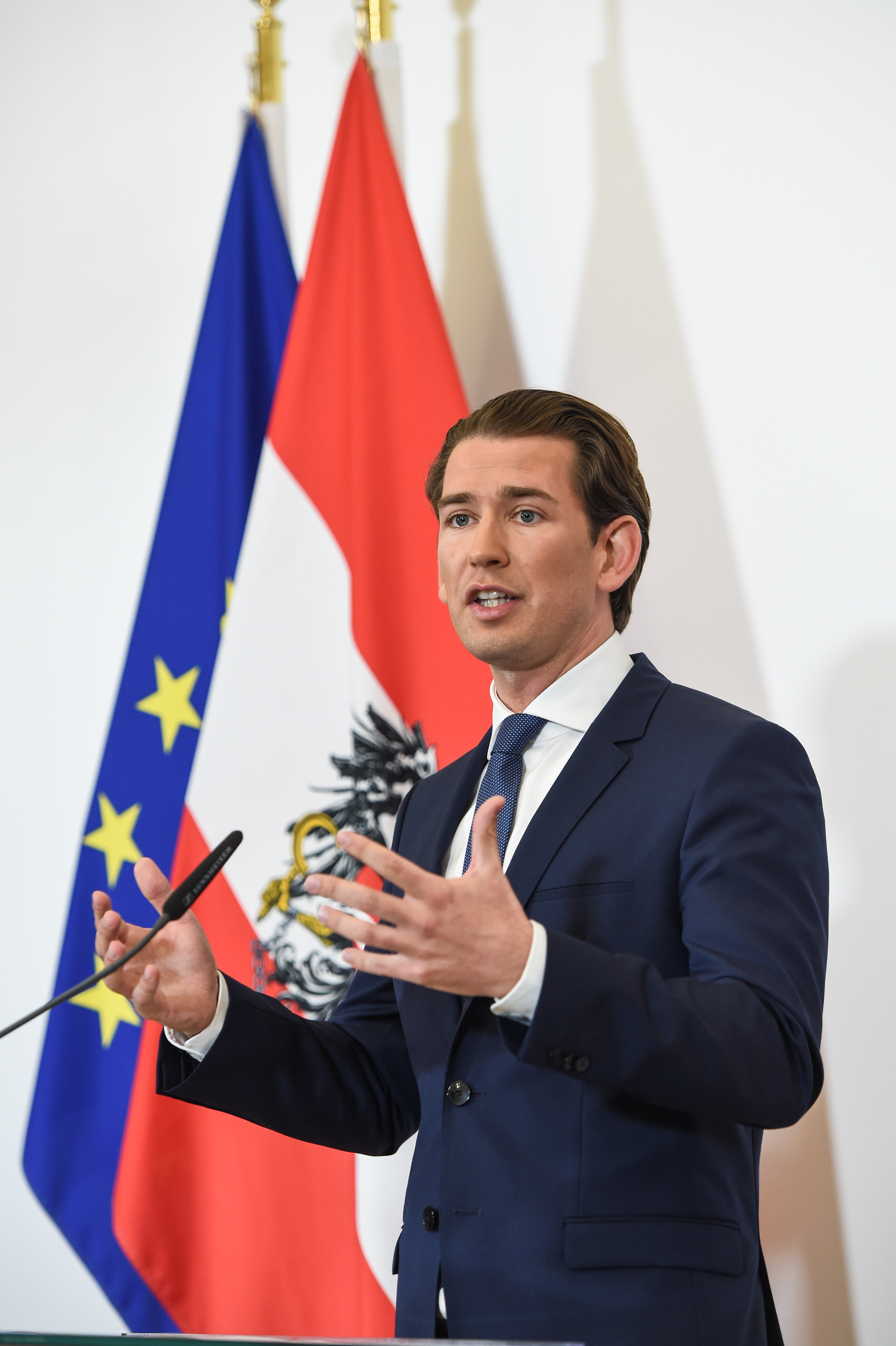 在奥地利维也纳,奥地利总统范德贝伦在总统府举行的新闻发布会上讲话