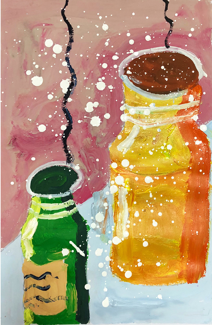一格画画少儿美术教育学院辛艾潼小学员水粉绘画作品《冷暖瓶子》
