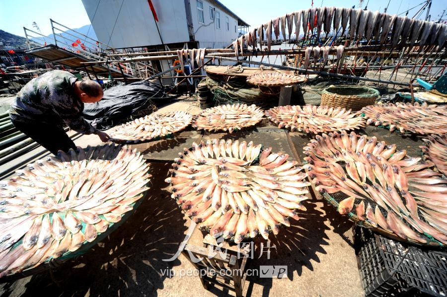 连云港:渔民春晒鱼干忙