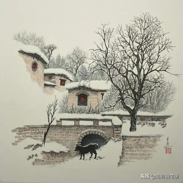 雪景系列钢笔画,都是一个色调的村落