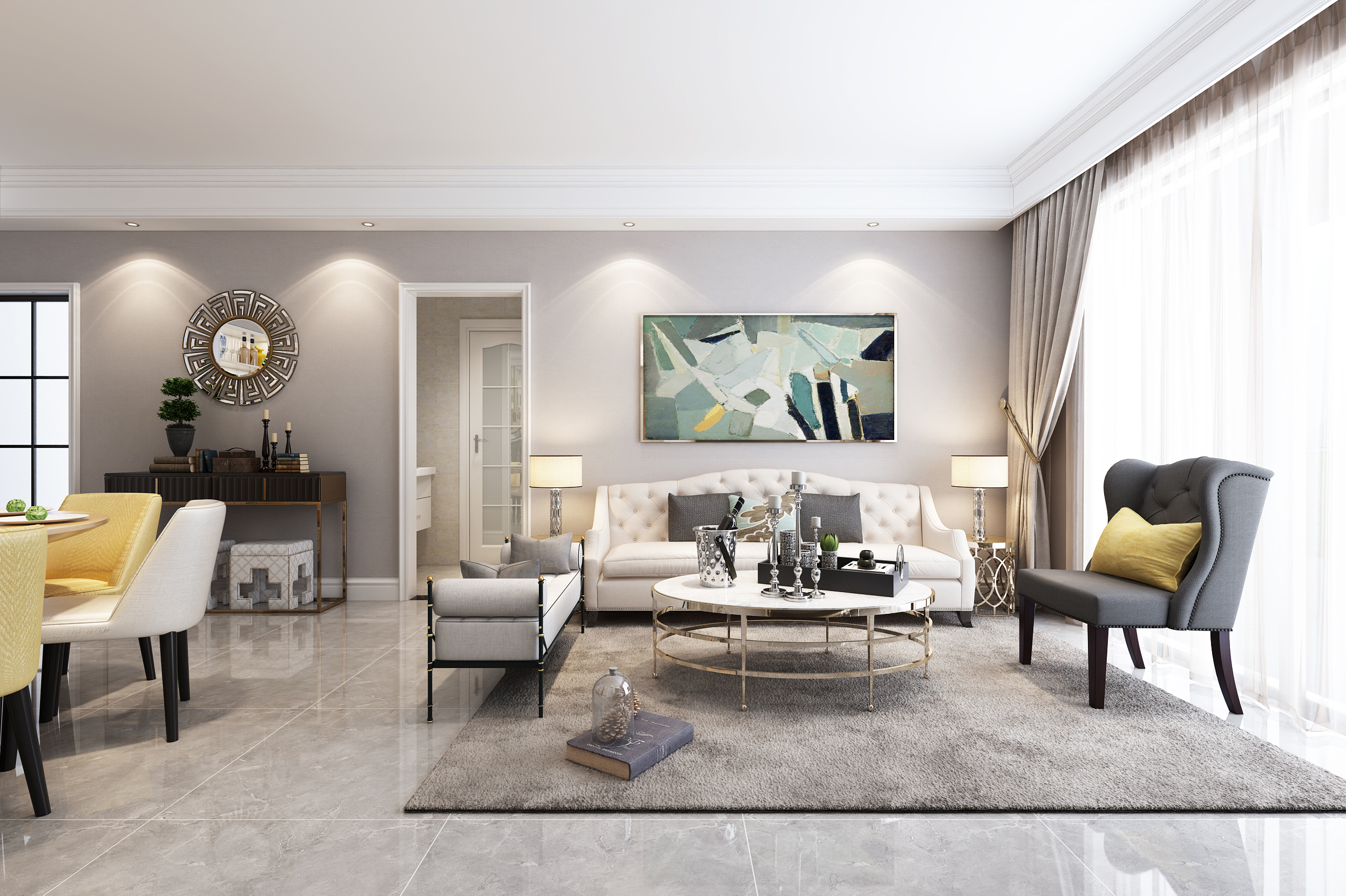 客厅以浅灰色为主,灰色看上去很有高级感.
