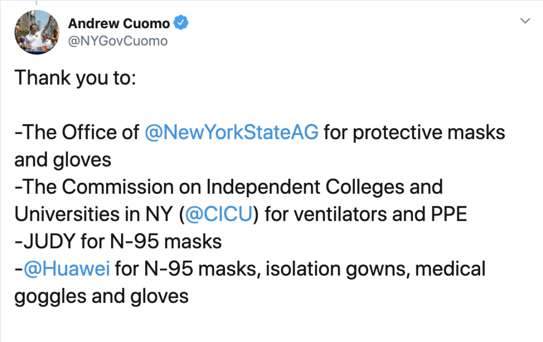 「推荐」美国纽约州长点名感谢华为捐助,曾说新冠疫情堪比9·11恐袭