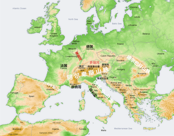 欧洲的山脉分布示意图图片