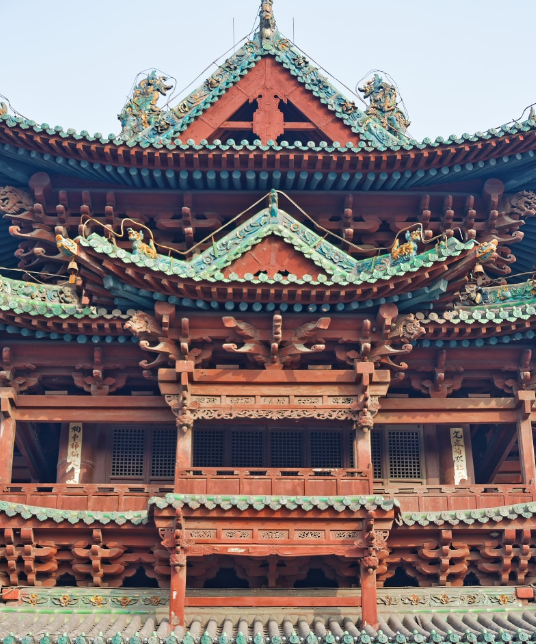 祅神楼通高约25米,为三重檐歇山顶转顶结构,工艺复杂,是我国古代木构