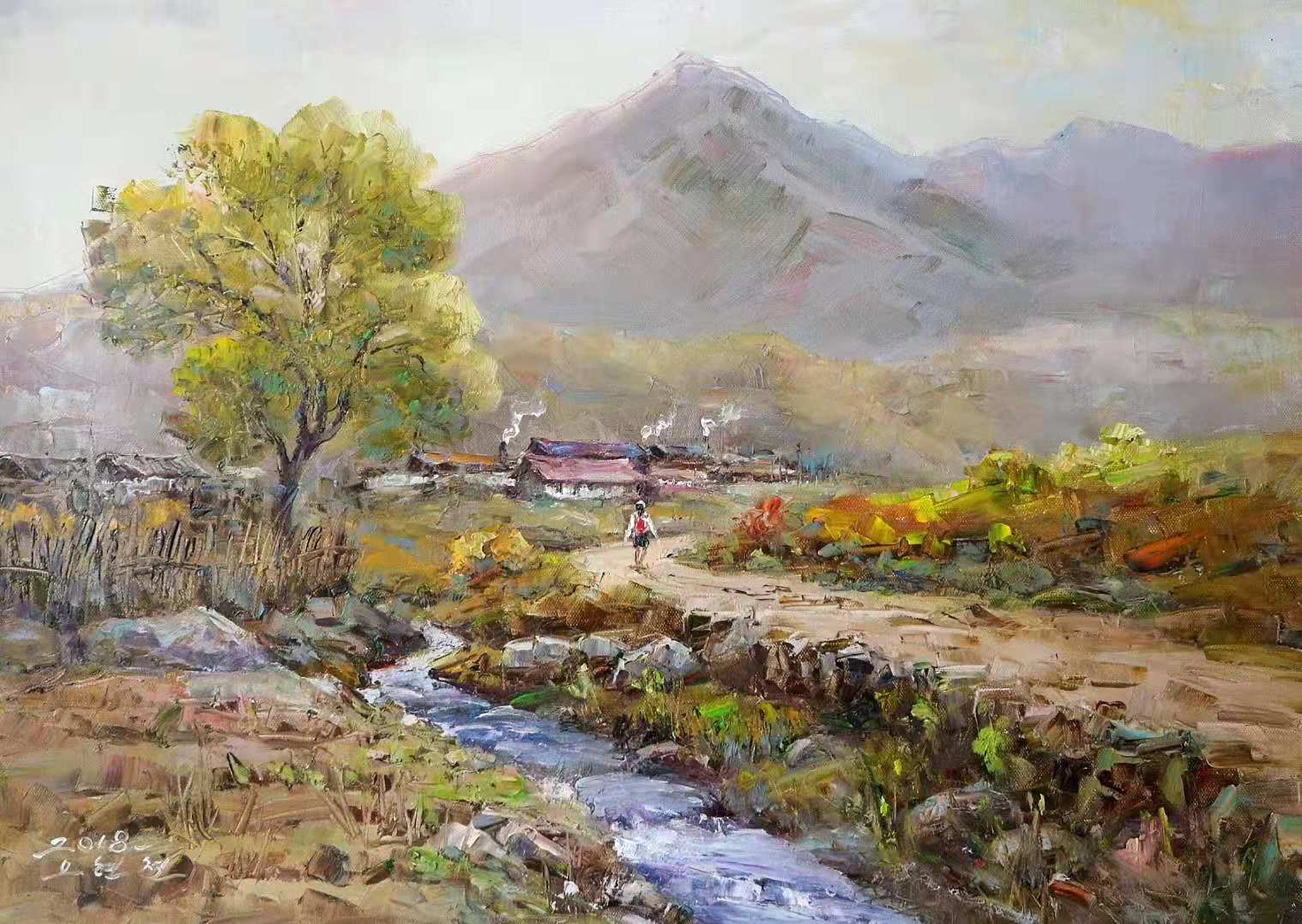 油画风景欣赏,村边潺潺流水的小溪流