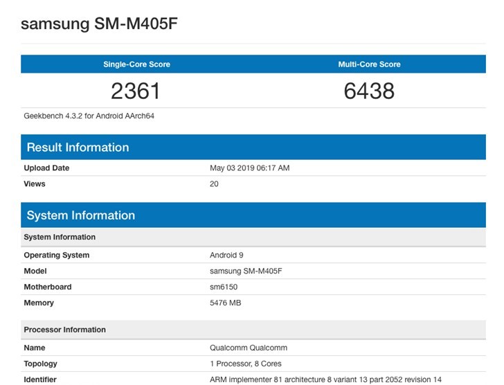 三星 m40 geekbench跑分曝光:搭载骁龙675,6gb 内存