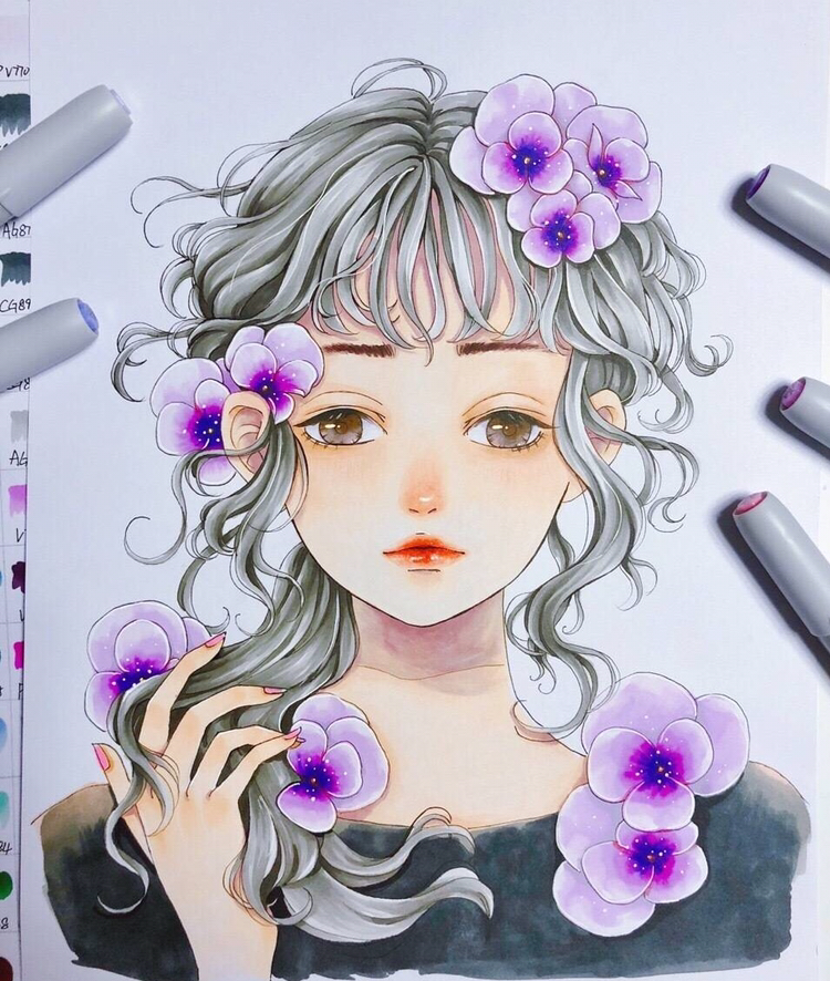 马克笔手绘,清新甜美的女孩,五官画的很精致