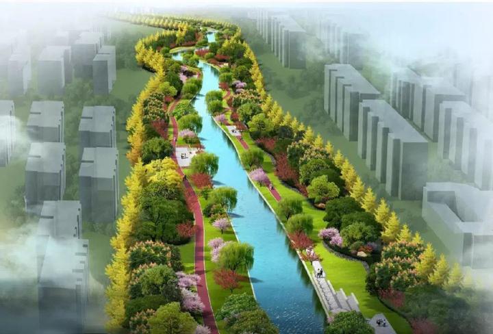 的整体河道绿化将以红梅,腊梅为主调树种,以"双梅争艳"为绿化设计主题