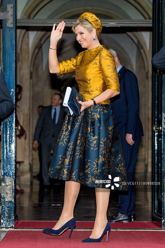 荷兰王后马克西玛金色缎面裙优雅高贵 灿笑挥手尽显王室风范